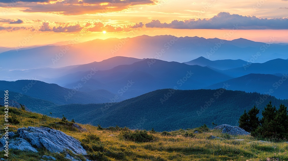 Fototapeta premium Serene Mountain Sunset Over Rolling Hills