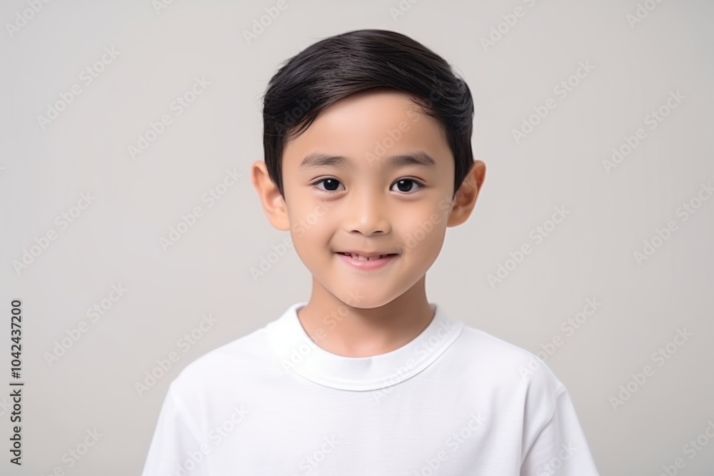 portrait of asian little boy in white t-shirt on grey background portrait of asian little boy in white t-shirt on grey background