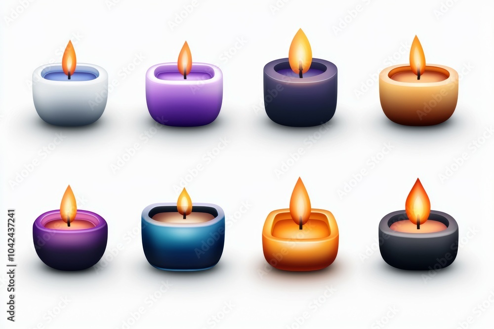 A set of candles in various colors and sizes, with some purple and blue ones A set of candles in various colors and sizes, with some purple and blue ones
