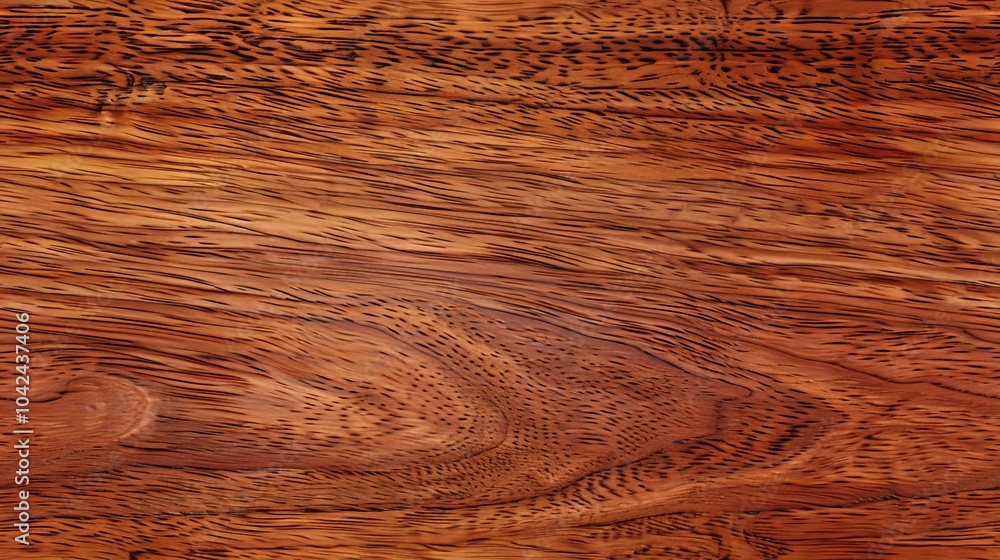Fototapeta premium Closeup of a rich, reddish-brown wood grain with intricate knots and patterns.