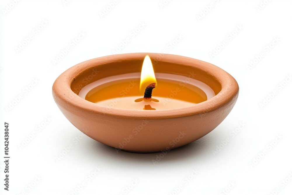 A small orange candle is lit in a small bowl A small orange candle is lit in a small bowl