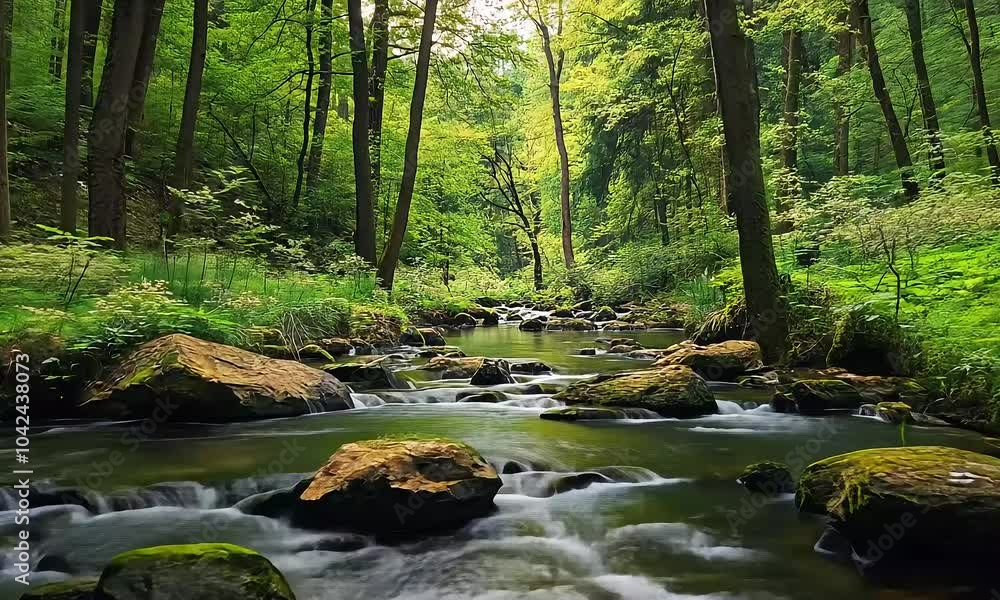Springtime River Flowing Through a Lush Forest Springtime River Flowing Through a Lush Forest