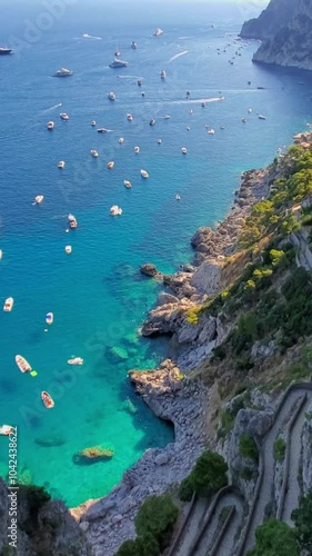 Italy, scenic views of Capri Island and faraglioni from Augustus Gardens.