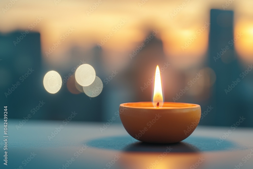 A candle is lit in a small orange bowl on a table A candle is lit in a small orange bowl on a table