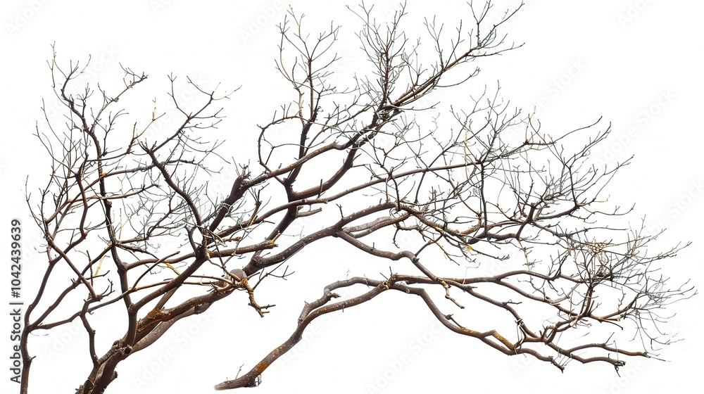 Dry tree branches isolated on white background - a stark and delicate sight. This image presents dry tree branches standing out against a pure white backdrop Dry tree branches isolated on white background - a stark and delicate sight. This image presents dry tree branches standing out against a pure white backdrop