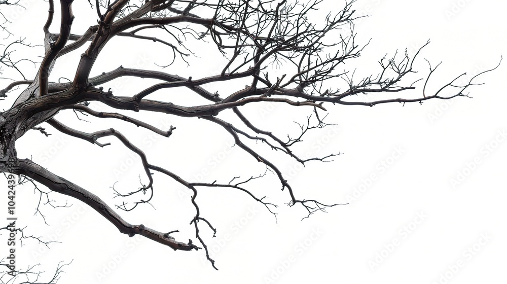 Dry tree branches isolated on white background - a stark and delicate sight. This image presents dry tree branches standing out against a pure white backdrop Dry tree branches isolated on white background - a stark and delicate sight. This image presents dry tree branches standing out against a pure white backdrop