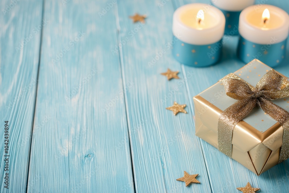 A blue wooden table with a gold wrapped box and three candles on it A blue wooden table with a gold wrapped box and three candles on it