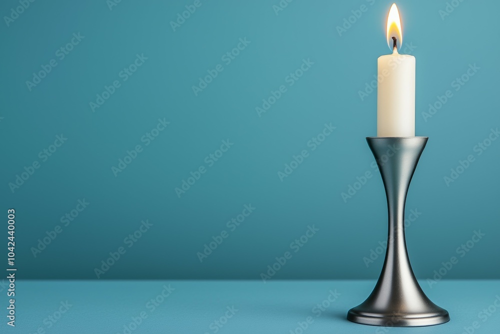 A candle is lit on a table in front of a blue wall A candle is lit on a table in front of a blue wall