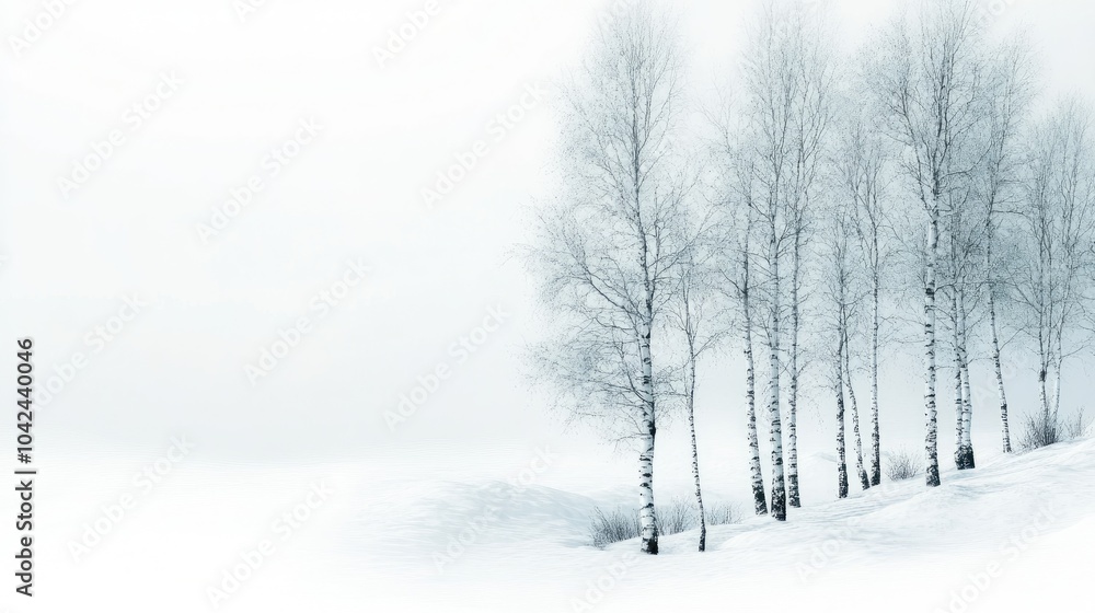 Obraz premium Birch trees stand in snowy field. Perfect for winter, nature, or serene themes.
