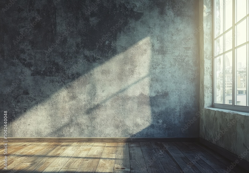 A sunlit corner of an empty room with textured walls and wooden flooring. A sunlit corner of an empty room with textured walls and wooden flooring.