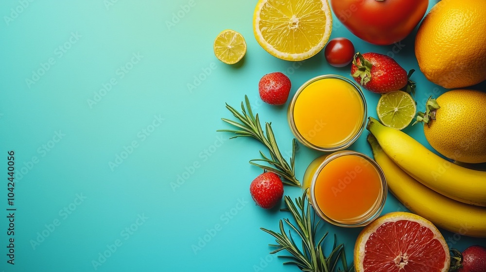 Fresh fruits and juices arranged on a vibrant blue background Fresh fruits and juices arranged on a vibrant blue background