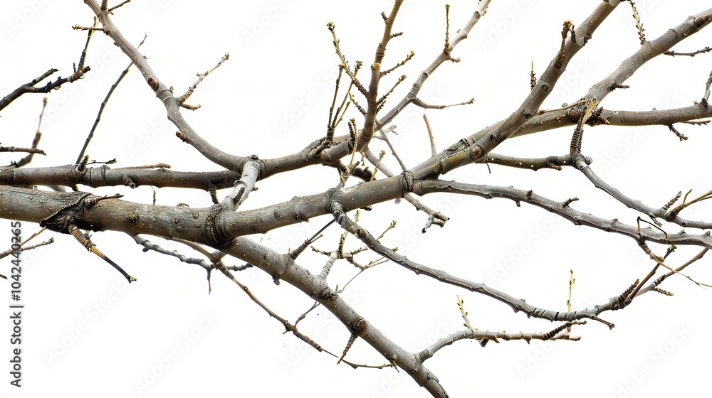 Dry tree branches isolated on white background - a stark and delicate sight. This image presents dry tree branches standing out against a pure white backdrop Dry tree branches isolated on white background - a stark and delicate sight. This image presents dry tree branches standing out against a pure white backdrop