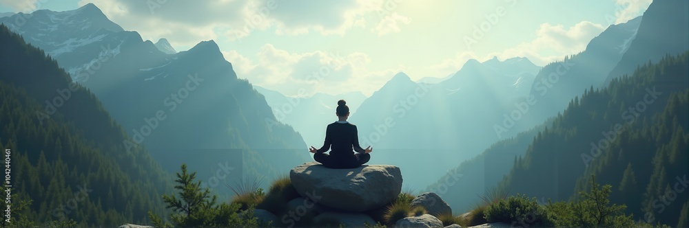 A serene figure meditating on a rocky outcrop, surrounded by majestic mountains and soft clouds, embodying tranquility and reflection amidst nature's beauty. A serene figure meditating on a rocky outcrop, surrounded by majestic mountains and soft clouds, embodying tranquility and reflection amidst nature's beauty.