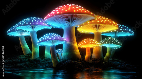 Colorful glowing mushrooms ...