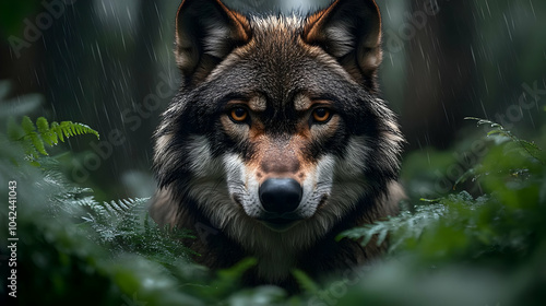 A wolf gazes intently throu...