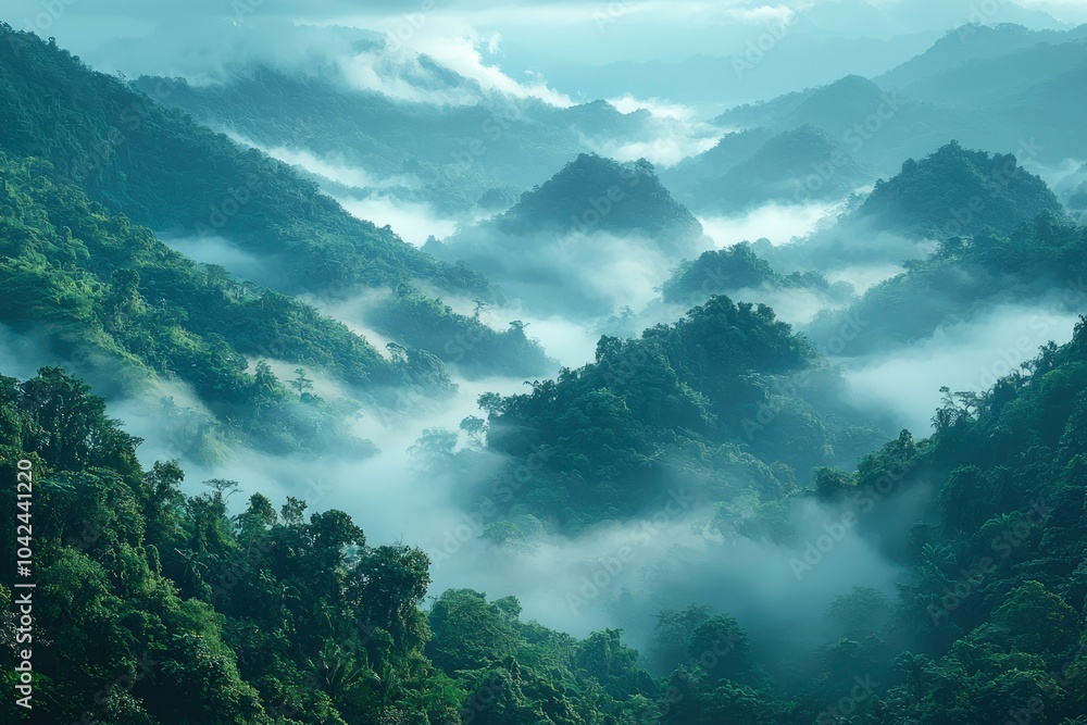 Obraz premium Misty Mountain Landscape with Lush Green Foliage