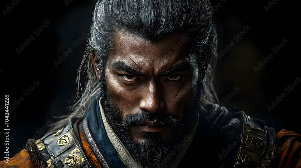 A fierce warrior with long hair and intense gaze, showcasing strength. A fierce warrior with long hair and intense gaze, showcasing strength.