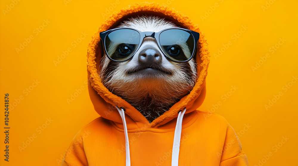 Fototapeta premium A sloth wearing sunglasses and an orange hoodie against a bright background.