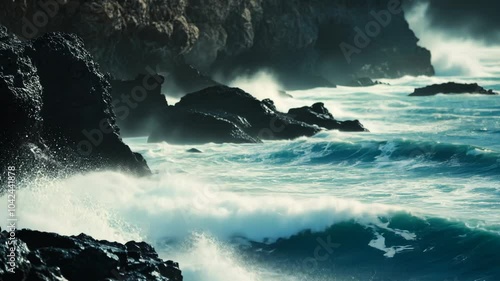 Waves Crashing on Rocky Coast