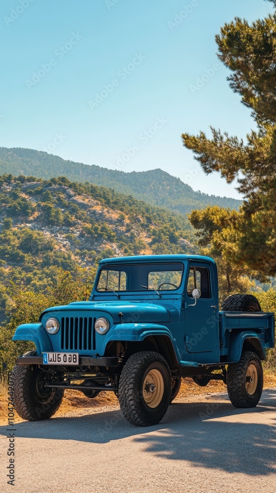 Classic Blue Pick-Up Parked on the Roadside in Kalkan, Turkey on a Sunny August Day. Generative AI Classic Blue Pick-Up Parked on the Roadside in Kalkan, Turkey on a Sunny August Day. Generative AI