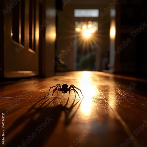 A large spider casts a long shadow on a wooden floor in a home.