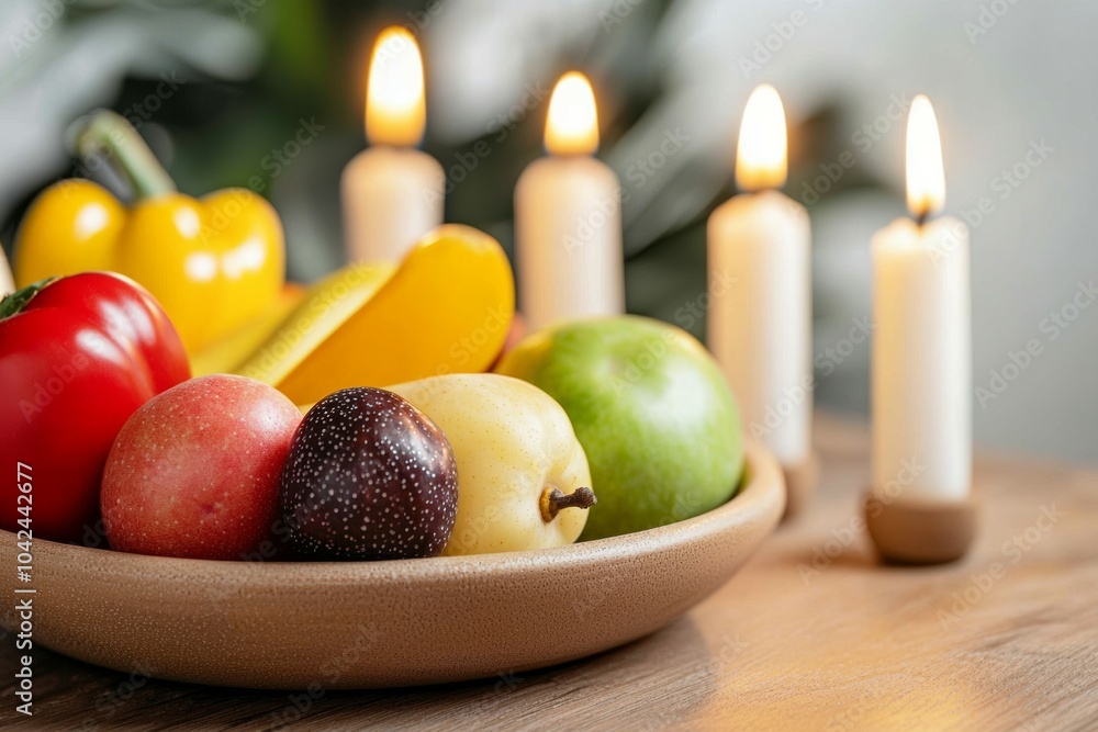 A bowl of fruit with candles in the background A bowl of fruit with candles in the background