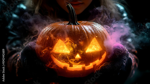A glowing jack-o'-lantern s...
