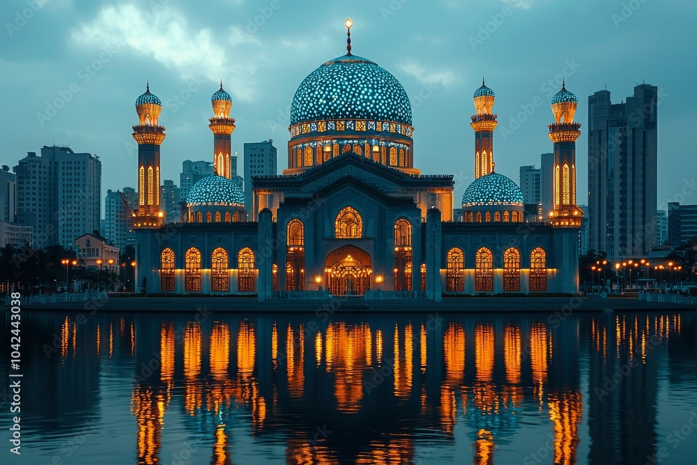 Obraz premium Illuminated Mosque Reflecting in Still Water at Dusk