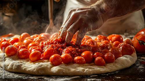A hand spreads tomato sauce...