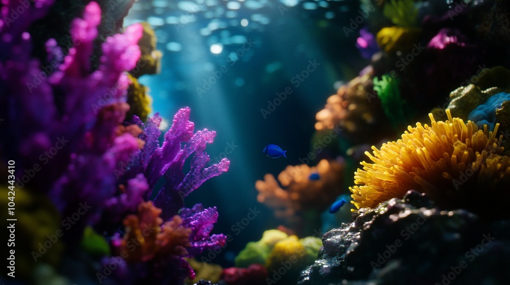 Fototapeta premium Vibrant coral reef with colorful fish and a sunbeam shining through the water.
