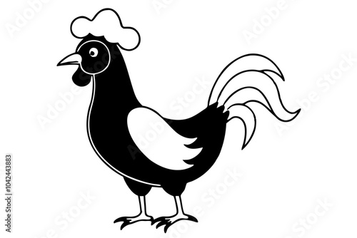 A rooster chicken wearing Christmas hat black and white silhouette