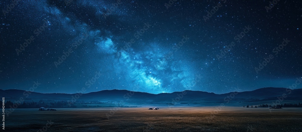 A mesmerizing night sky with the milky way galaxy shining brightly over a distant mountain range and an open field. A mesmerizing night sky with the milky way galaxy shining brightly over a distant mountain range and an open field.