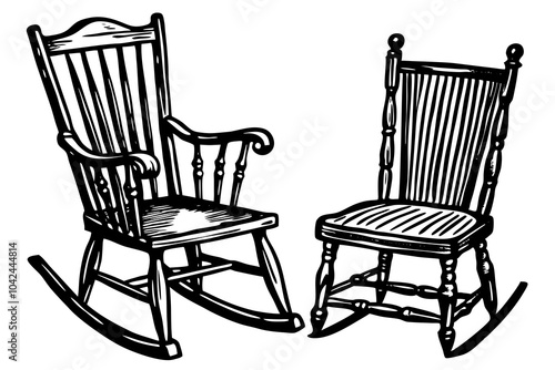  old model wooden chair and rocker vector art illustration 