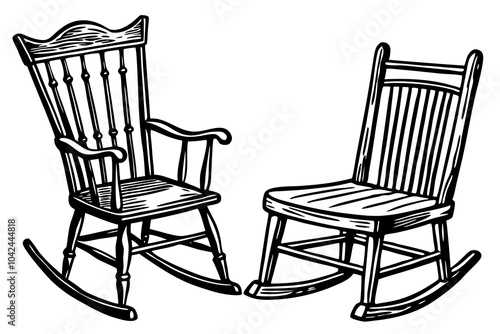  old model wooden chair and rocker vector art illustration 