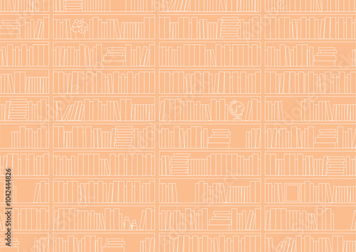 本棚にたくさんの本が並んでいる背景（線画）