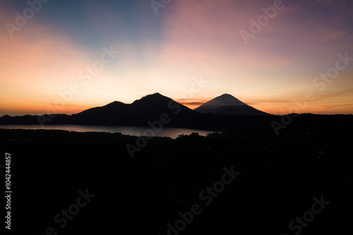 Aerial view of Mount Batur Kintamani Volcano during sunrise photo