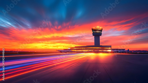 Sunset over an airport with...