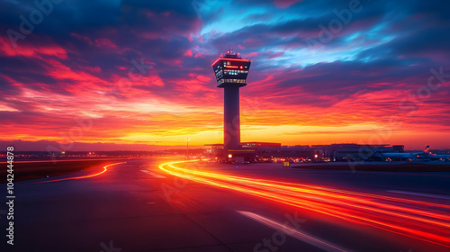 Sunset over an airport with...