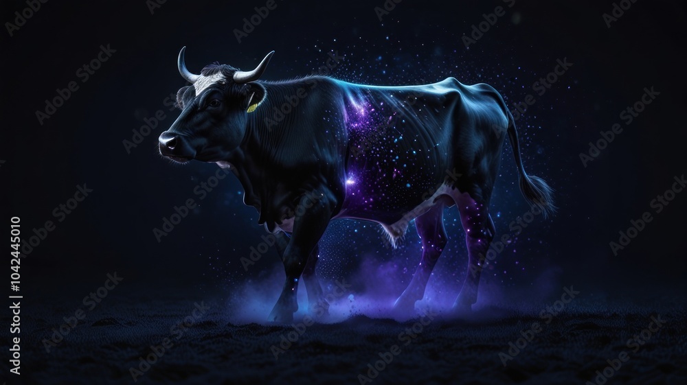 A black bull with a glowing purple and blue nebula pattern on its side, standing on a dark background. A black bull with a glowing purple and blue nebula pattern on its side, standing on a dark background.