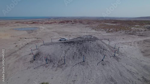 Stunning aerial drone footage of geological formations near Gobustan, part of one of the world's largest concentrations of mud volcanoes, Azerbaijan, Central Asia, Asia
