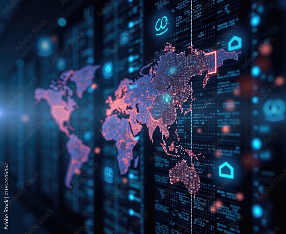 Obraz premium A futuristic digital world map visualizing global data connections, ideal for technology, cybersecurity, and data analytics themes.