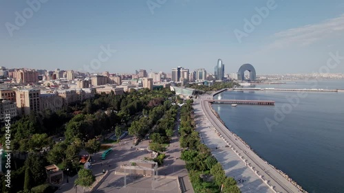 Stunning aerial panorama of Baku skyline, the Flame Towers, and the F1 Grand Prix track along the Caspian Sea, Baku, Azerbaijan, Central Asia, Asia
