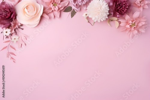 Creative layout made of flowers on pink background. Flat lay, top view, copy space