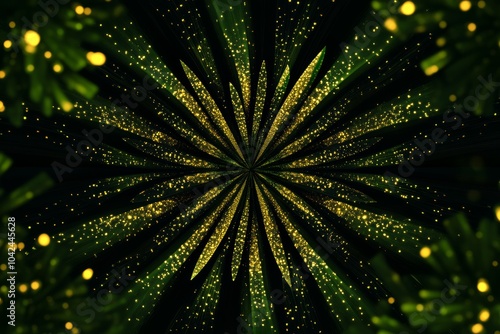 Abstract black background. Featuring a series of radiant green and gold bursts with intricate patterns. Showcasing a dynamic and modern design. Ideal for creative or high-tech visuals photo