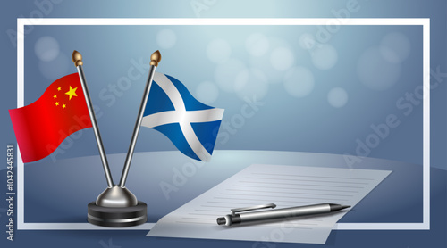 China and Scotland Small national flag on bokeh background, cooperative relationship