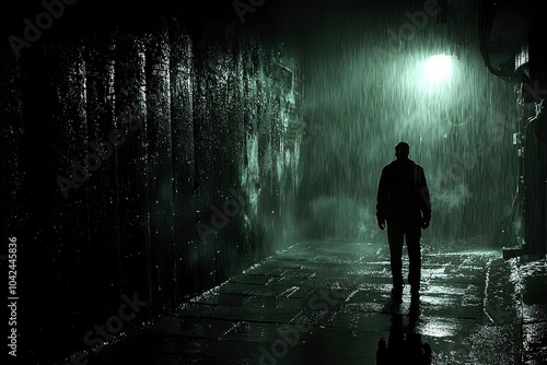 Solitary Figure Standing in a Rain-Soaked Alleyway at Night