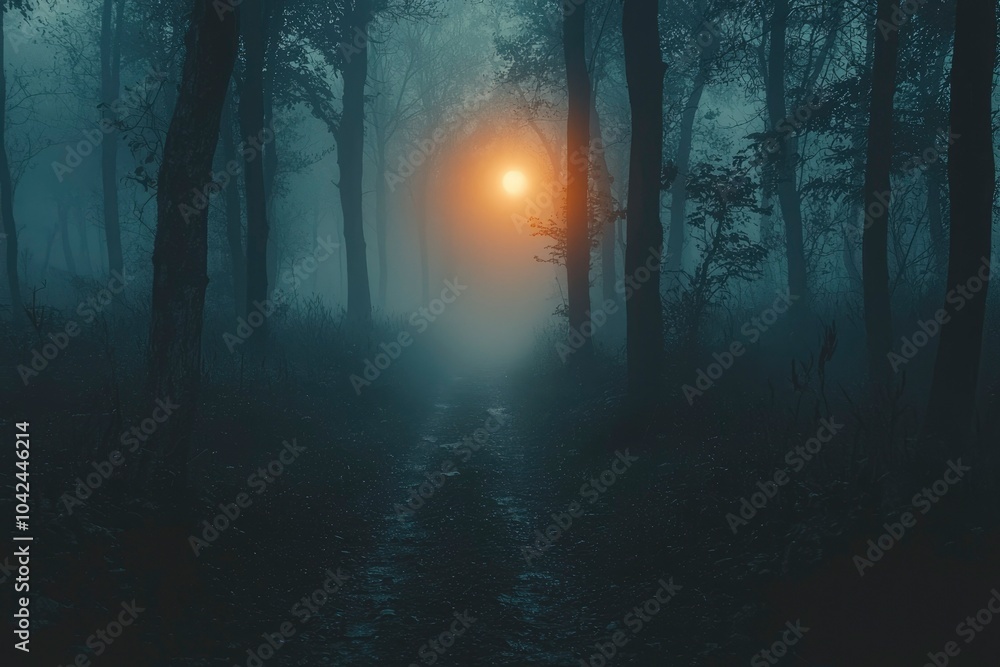 Fototapeta premium A Mysterious Path Through a Foggy Forest at Dusk