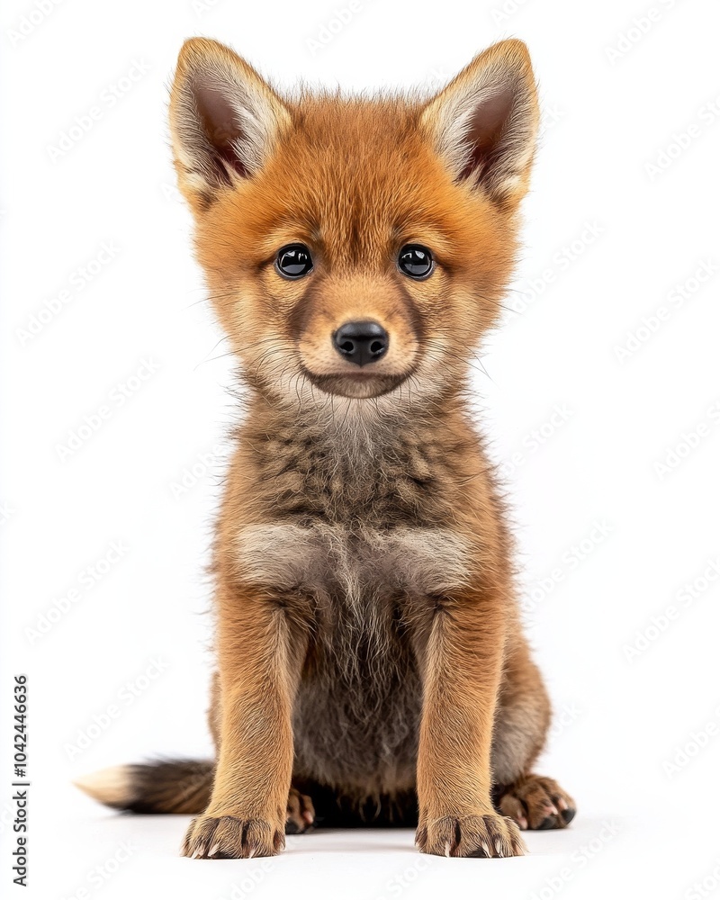 Fototapeta premium the baby Dhole , portrait view, white copy space on right, Isolated on white Background