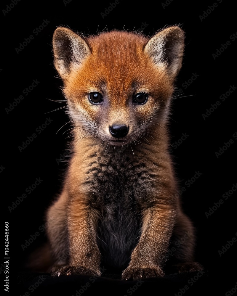 Obraz premium the baby Dhole portrait view, white copy space on right, Isolated on black Background