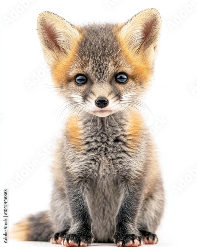 the baby Gray Fox , portrait view, white copy space on right, Isolated on white Background